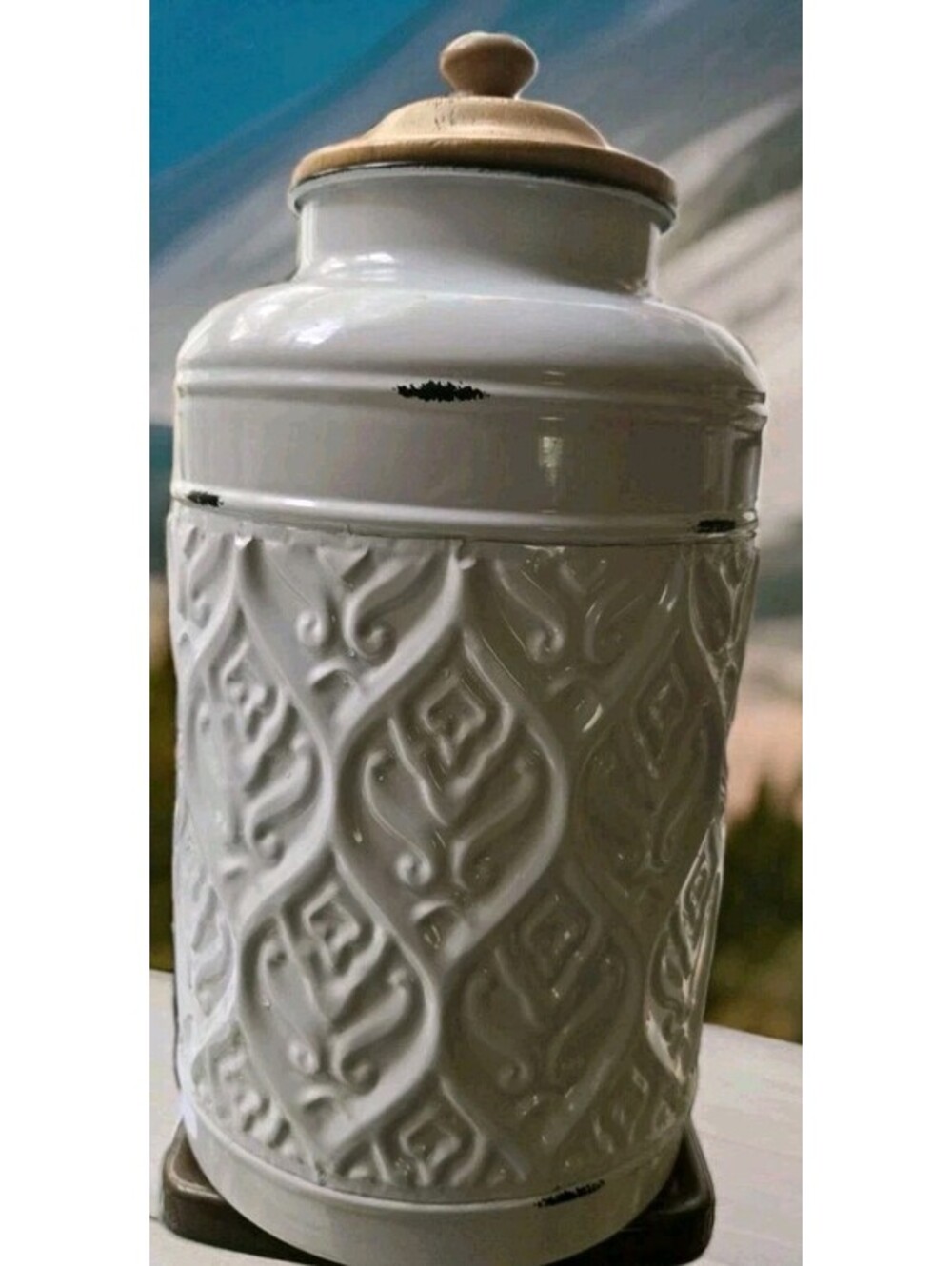 Hobby Lobby Home Decor Embossed Enamel White Cannister Ginger Jar 12" Storage